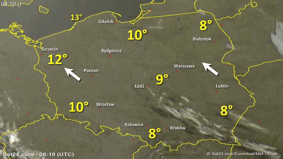 Zdjęcie satelitarne Polski w dniu 12 października 2018 o godzinie 8:10. Dane: Sat24.com / Eumetsat.