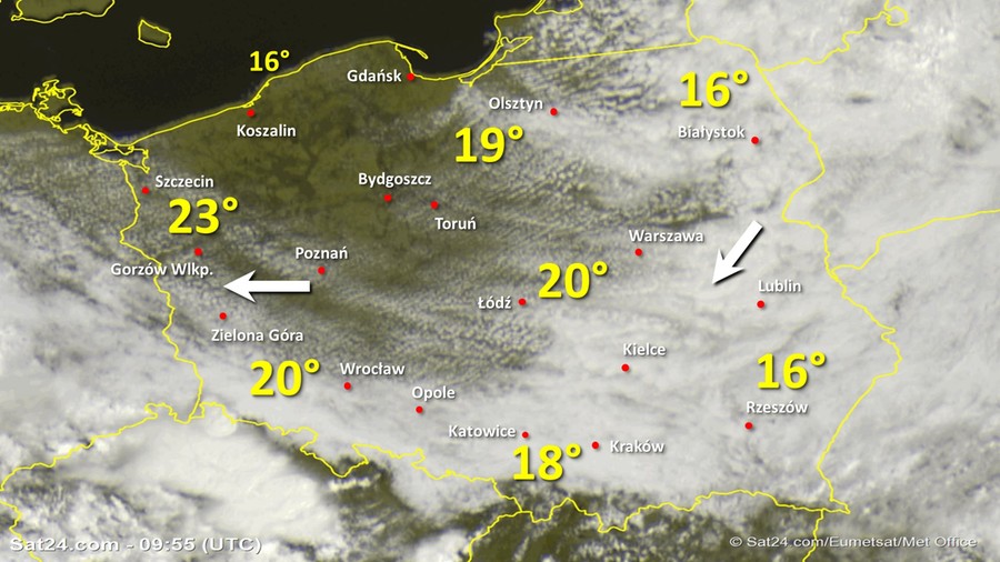 Zdjęcie satelitarne Polski w dniu 14 czerwca 2020 o godzinie 11:55. Dane: Sat24.com / Eumetsat.