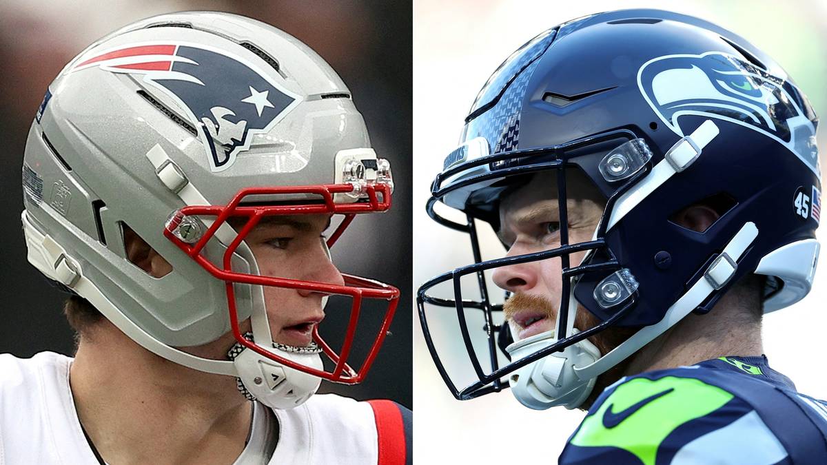 Dwa hełmy graczy NFL, jeden Patriots i drugi Seahawks, zestawione obok siebie.