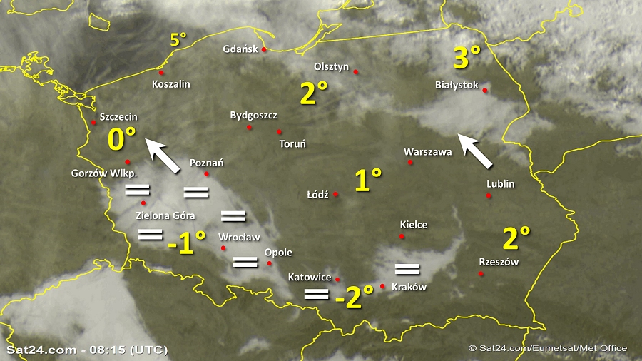 Zdjęcie satelitarne Polski w dniu 1 listopada 2019 o godzinie 9:15. Dane: Sat24.com / Eumetsat.