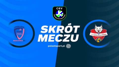 Grafika z logo drużyn Levallois Paris Saint-Cloud i DevelopRes Rzeszów oraz napisem "SKRÓT MECZU", zapowiadająca skrót meczu siatkówki.