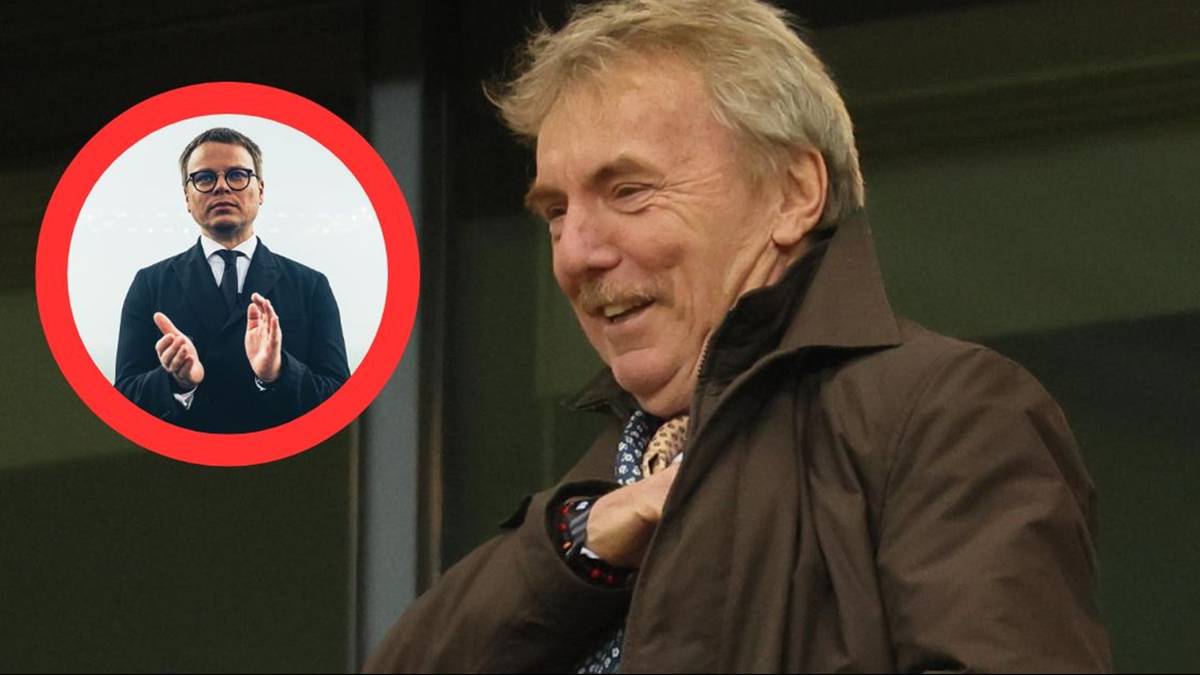 Portret Zbigniewa Bońka, uśmiechniętego starszego mężczyzny w brązowej kurtce. W lewym g&oacute;rnym rogu, w okrągłej ramce, znajduje się mniejszy portret mężczyzny w garniturze klaszczącego dłońmi.