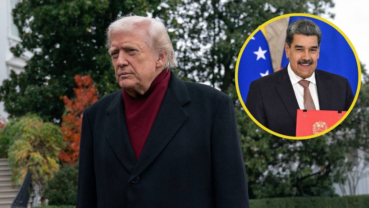 Donald Trump stojący przed budynkiem, w tle w prawym g&oacute;rnym rogu zdjęcie Nicolasa Maduro.