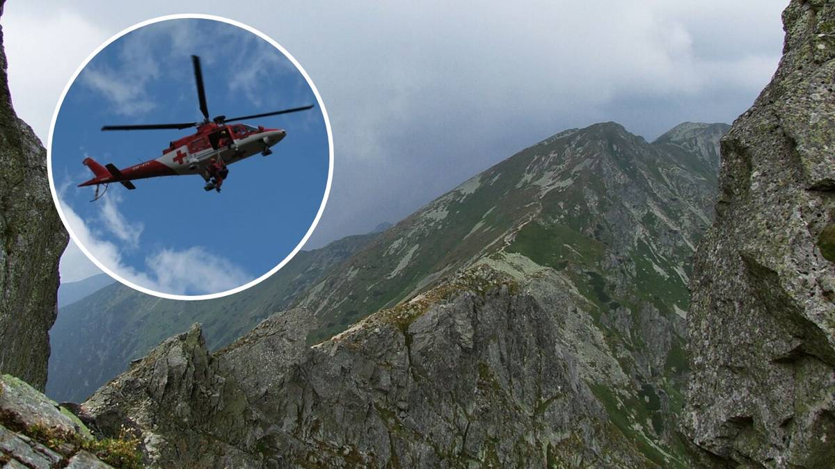 Śmigłowiec ratunkowy w locie nad górskim szczytem, z wstawionym zbliżeniem na czerwono-białą maszynę.