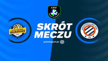 Grafika zapowiadająca skr&oacute;t meczu siatk&oacute;wki. Widnieją loga drużyn Guaguas Las Palmas i Montpellier HSC VB oraz napis "SKR&Oacute;T MECZU".