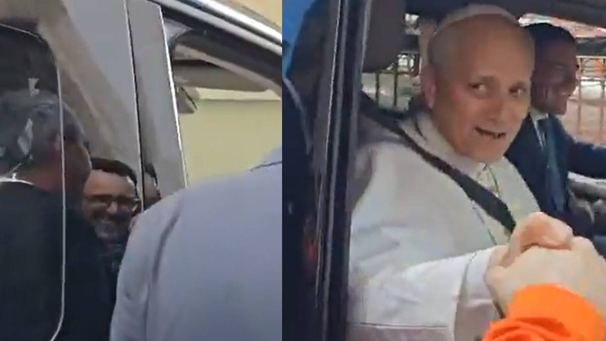 Fragmenty wideo przedstawiające Leona XIV w samochodzie, uśmiechającego się i podającego rękę osobie zza kadru. W tle widoczni są inni ludzie.