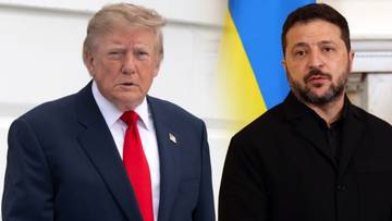 Zdjęcie przedstawiające Donalda Trumpa w garniturze i czerwonym krawacie oraz Wołodymyra Zełenskiego w ciemnym stroju na tle ukraińskiej flagi.