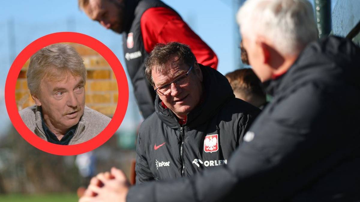 Portret Zbigniewa Bońka w okręgu, obok niego siedzi inny mężczyzna w kurtce reprezentacji Polski.