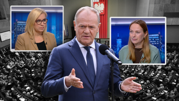 Premier Donald Tusk przemawiający przed grupą posł&oacute;w, z wizerunkami dw&oacute;ch kobiet po bokach.