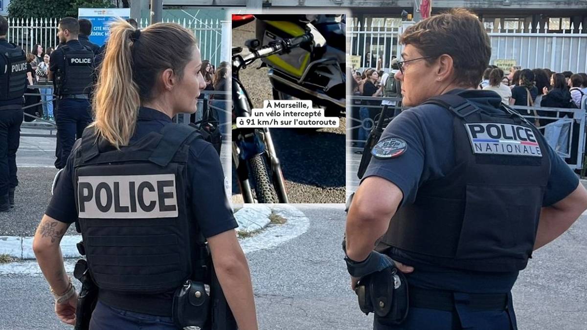 Dwóch policjantów w mundurach stoi tyłem do widza, patrząc w kierunku zatrzymanego roweru elektrycznego, który został pokazany w ramce na środku obrazka.