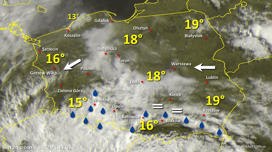 Zdjęcie satelitarne Polski w dniu 20 maja 2019 o godzinie 8:20. Dane: Sat24.com / Eumetsat.