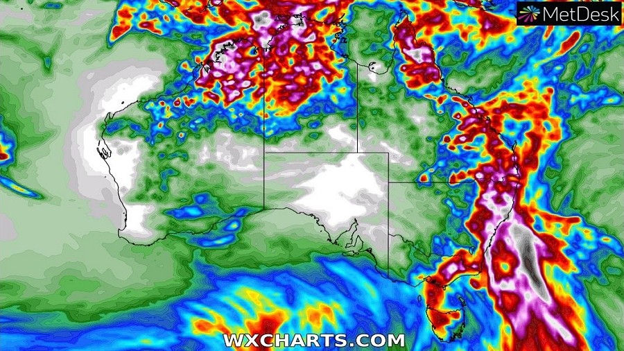 Sumy opadów w Australii w ciągu następnego tygodnia. Fot. wxcharts.com