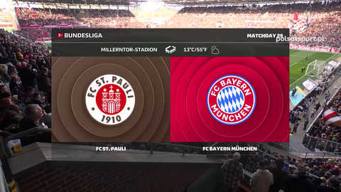Zapowiedź meczu piłki nożnej pomiędzy FC St. Pauli a Bayernem Monachium w ramach Bundesligi, z widocznymi logami drużyn, nazwą stadionu i informacjami o pogodzie.