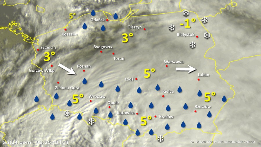 Zdjęcie satelitarne Polski w dniu 4 lutego 2020 o godzinie 9:25. Dane: Sat24.com / Eumetsat.