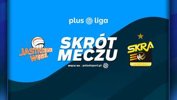 Logo Jastrzębskiego Węgla i Skry Bełchat&oacute;w obok napisu "SKR&Oacute;T MECZU" na tle Plus Ligi.