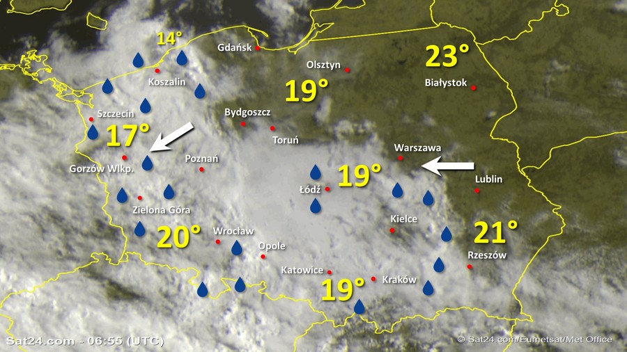 Zdjęcie satelitarne Polski w dniu 18 czerwca 2020 o godzinie 8:55. Dane: Sat24.com / Eumetsat.