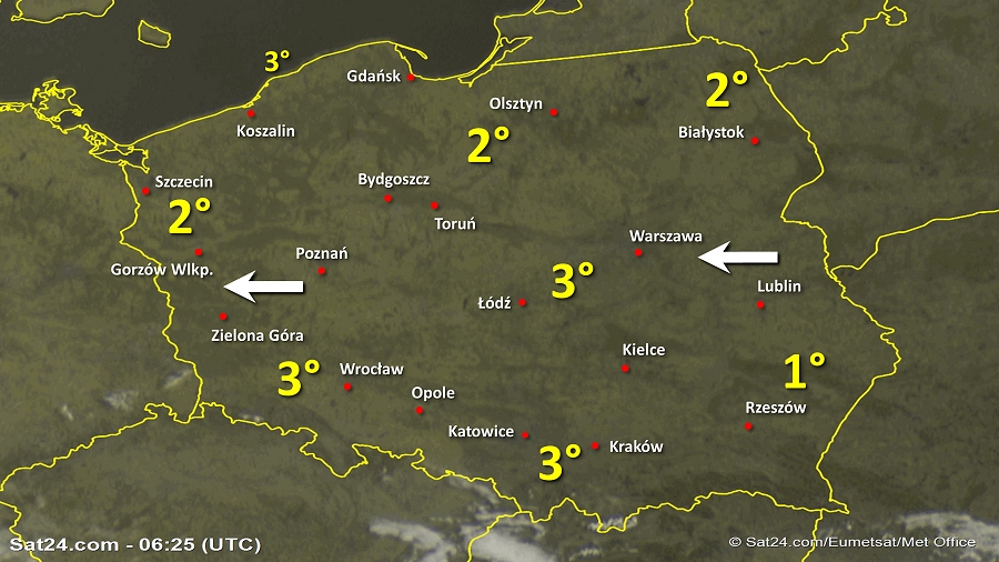 Zdjęcie satelitarne Polski w dniu 2 kwietnia 2019 o godzinie 8:25. Dane: Sat24.com / Eumetsat.