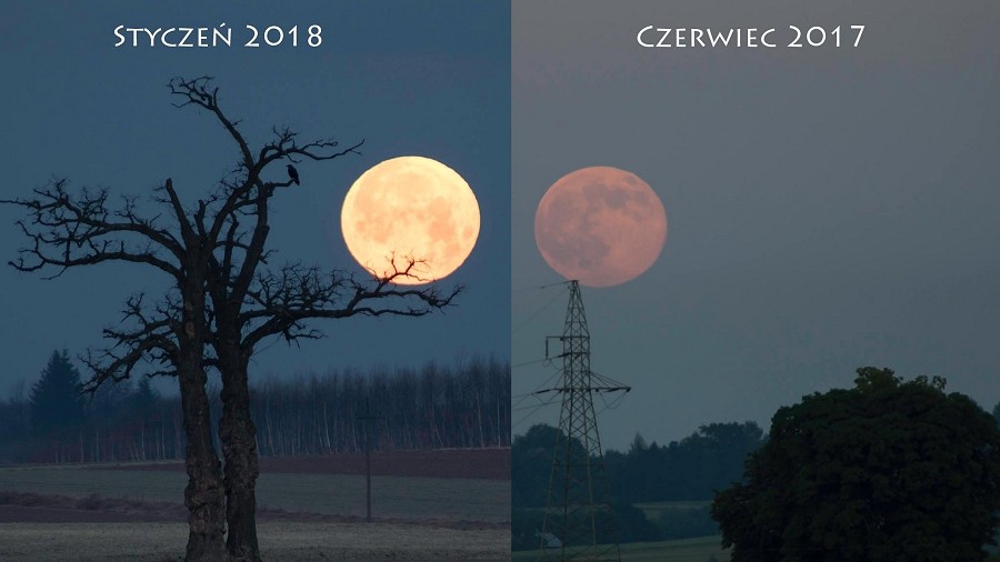 Porównanie Księżyca podczas perygeum (najbliżej Ziemi) i apogeum (najdalej Ziemi). Fot. Witold Ochał / TwojaPogoda.pl