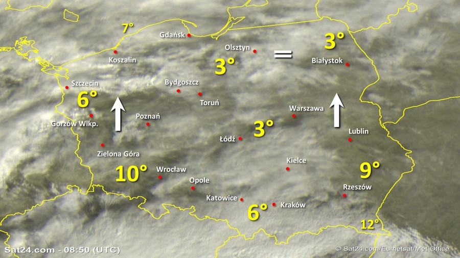 Zdjęcie satelitarne Polski w dniu 17 grudnia 2019 o godzinie 9:50. Dane: Sat24.com / Eumetsat.