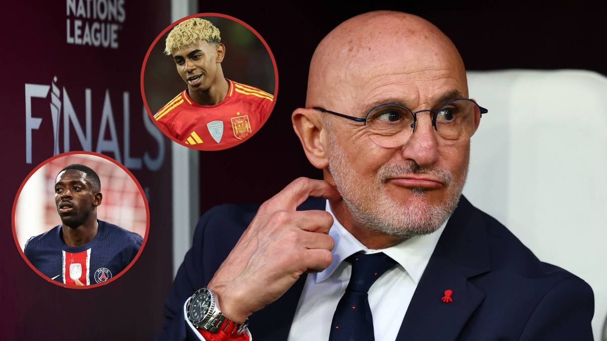 Portret selekcjonera reprezentacji Hiszpanii Luisa de la Fuente z dwoma okrągłymi wizerunkami zawodników w tle, na tle napisu "NATIONS LEAGUE FINALS".