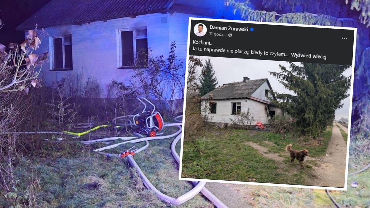 Spalony dom z wężami strażackimi oraz pies stojący przed budynkiem.