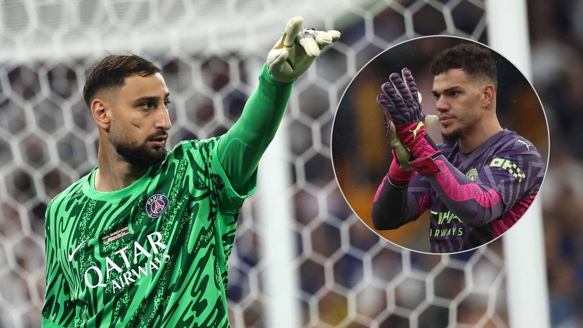 Bramkarz Gianluigi Donnarumma w zielonej koszulce PSG z rękawicami wznosi rękę. W prawym górnym rogu zdjęcie bramkarza Edersona.