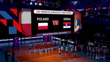 Grafika ekranowa zapowiadająca mecz siatkarski kobiet Polska kontra Serbia w turnieju CEV EuroVolley