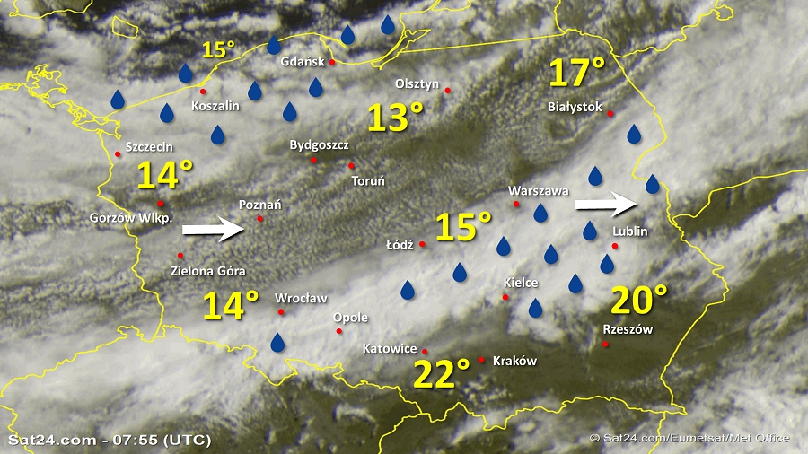 Zdjęcie satelitarne Polski w dniu 7 lipca 2019 o godzinie 9:55. Dane: Sat24.com / Eumetsat.