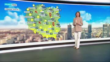 Mapa Polski z ikonami symbolizującymi pogodę i temperaturę, przedstawiająca prognozę na wtorek, 3 marca, rano. Obok mapy stoi prezenterka pogody.