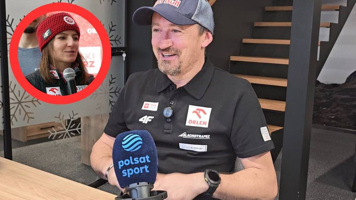 Adam Małysz, prezes Polskiego Związku Narciarskiego, siedzi z mikrofonem Polsat Sport, obok znajduje się okrągłe zdjęcie Justyny Kowalczyk.