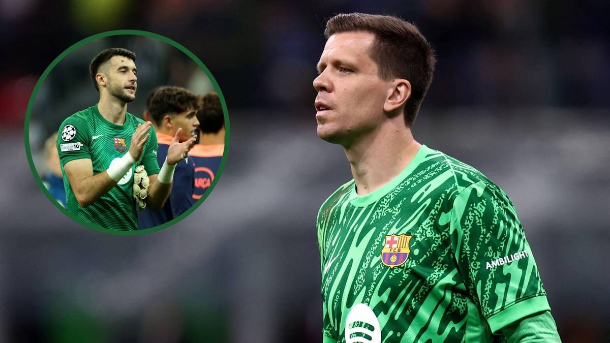Wojciech Szczęsny w zielonej koszulce bramkarskiej, w tle małe zdjęcie innych piłkarzy FC Barcelony.