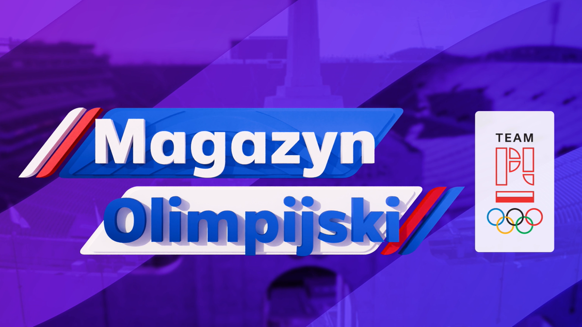 Grafika przedstawiająca logo "Magazyn Olimpijski" oraz logo "TEAM PL" z k&oacute;łkami olimpijskimi. Tło jest stylizowane na panoramę stadionu.