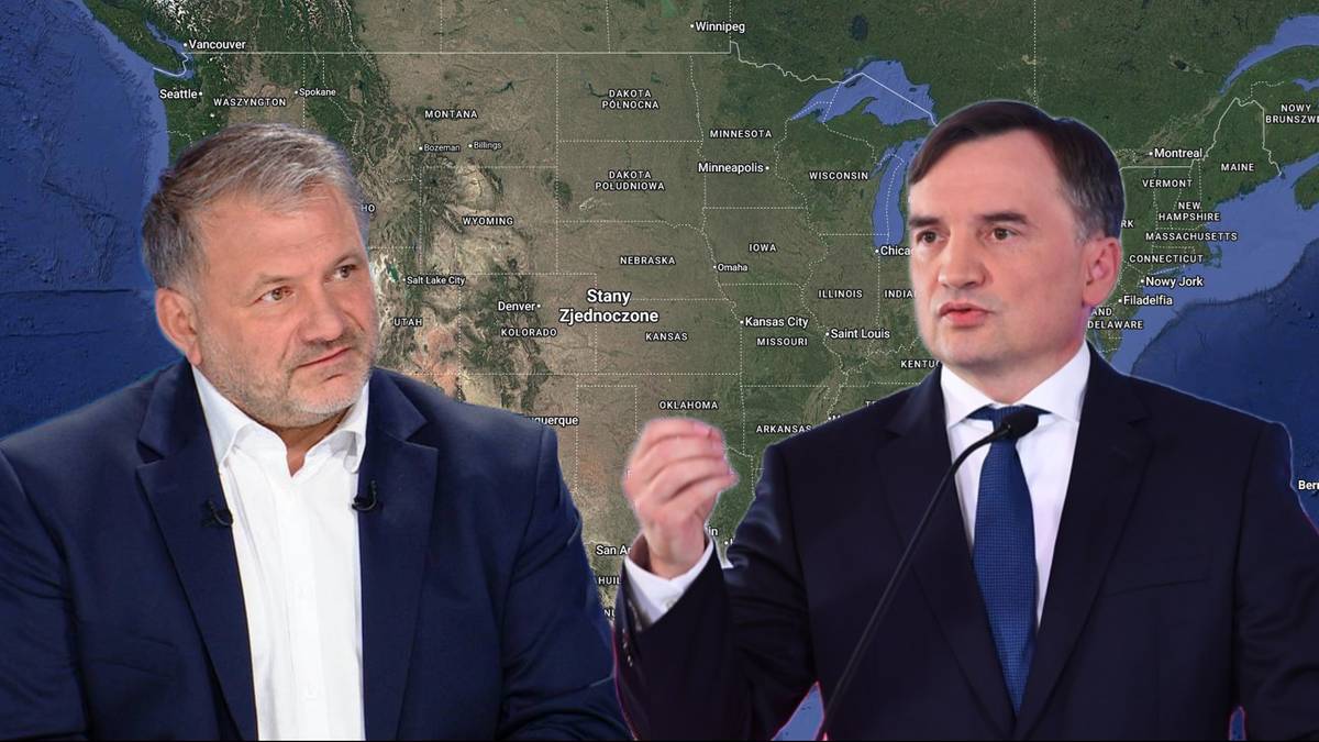 Dw&oacute;ch mężczyzn w formalnych strojach na tle mapy Stan&oacute;w Zjednoczonych.