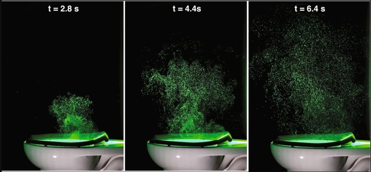 Zdjęcia oświetlonej chmury aerozolu pokazują rozprzestrzenianie się cząstek z toalety po spłukaniu