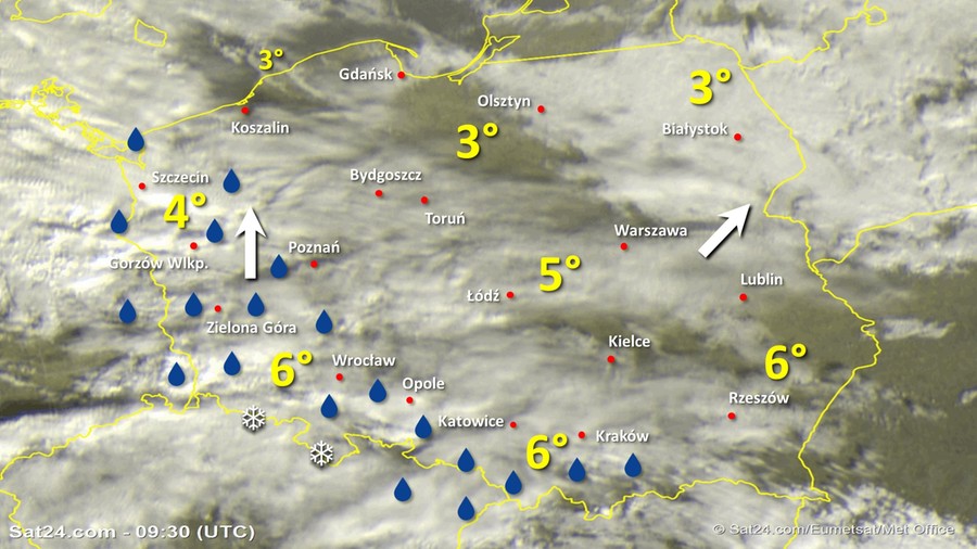 Zdjęcie satelitarne Polski w dniu 15 grudnia 2019 o godzinie 10:30. Dane: Sat24.com / Eumetsat.