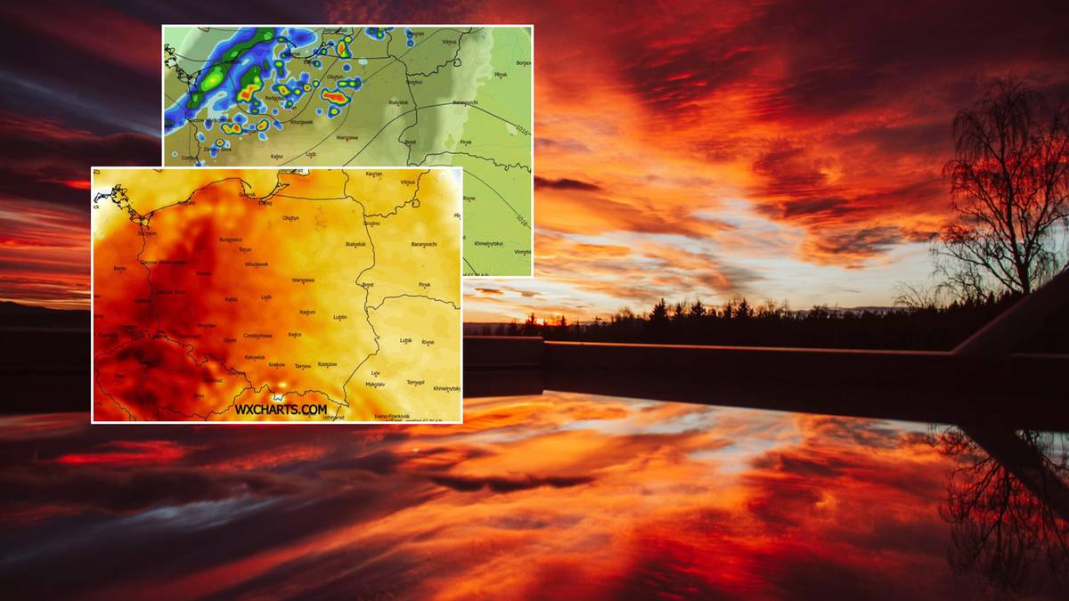 Dwie mapy pogodowe umieszczone na tle zachodzącego słońca nad wodą.