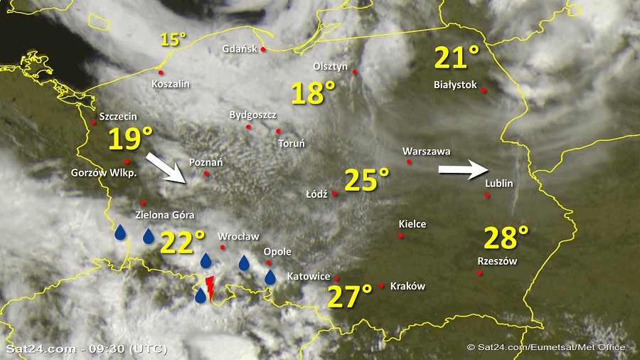 Zdjęcie satelitarne Polski w dniu 16 czerwca 2019 o godzinie 11:30. Dane: Sat24.com / Eumetsat.
