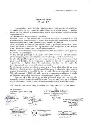 Listy związkowców z kopalni Makoszowy z prezydenta i premier