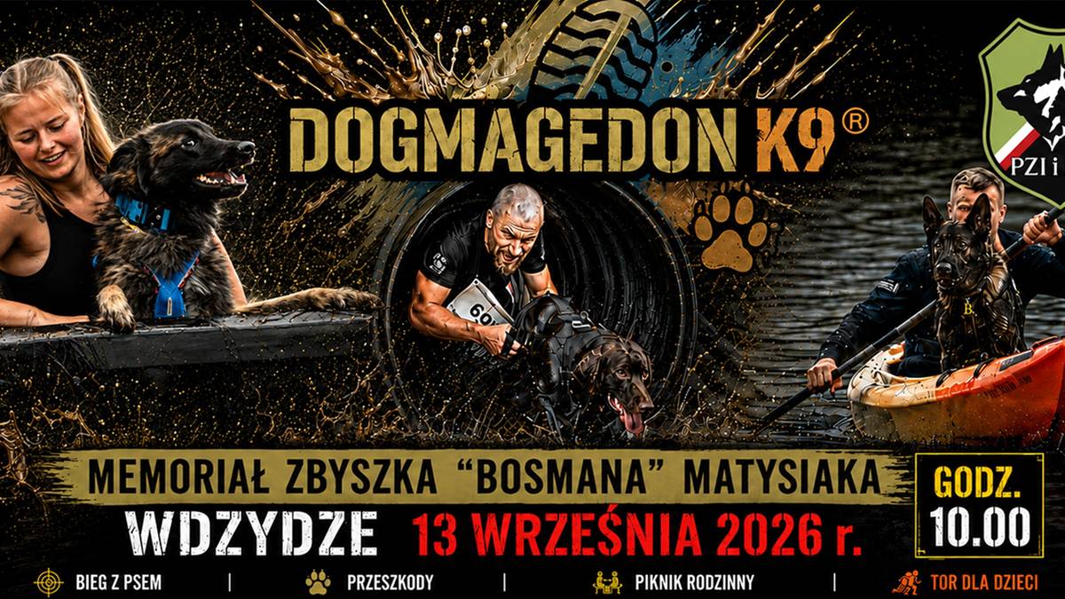 Plakat wydarzenia DOGMAGEON K9 z trzema r&oacute;żnymi scenami przedstawiającymi ludzi i psy podczas aktywności fizycznej, z informacją o Memoriale Zbyszka "Bosmana" Matysiaka, datą i godziną.