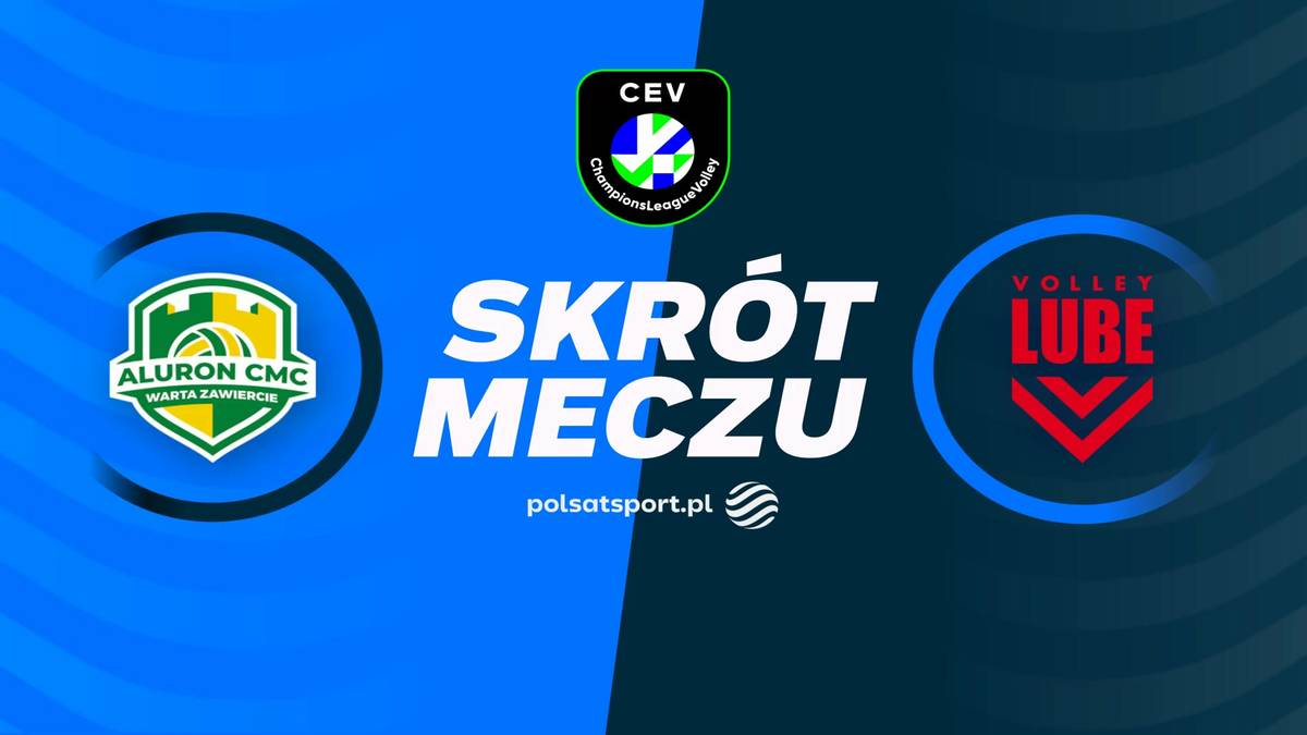 Logo Aluron CMC Warta Zawiercie, logo CEV, logo Cucine Lube Civitanova oraz napis "SKR&Oacute;T MECZU".