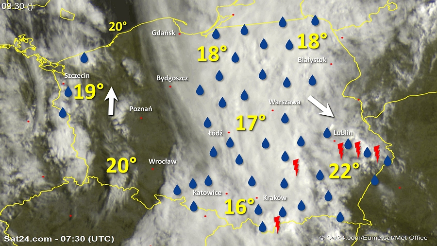 Zdjęcie satelitarne Polski w dniu 11 sierpnia 2018 o godzinie 9:30. Dane: Sat24.com / Eumetsat.