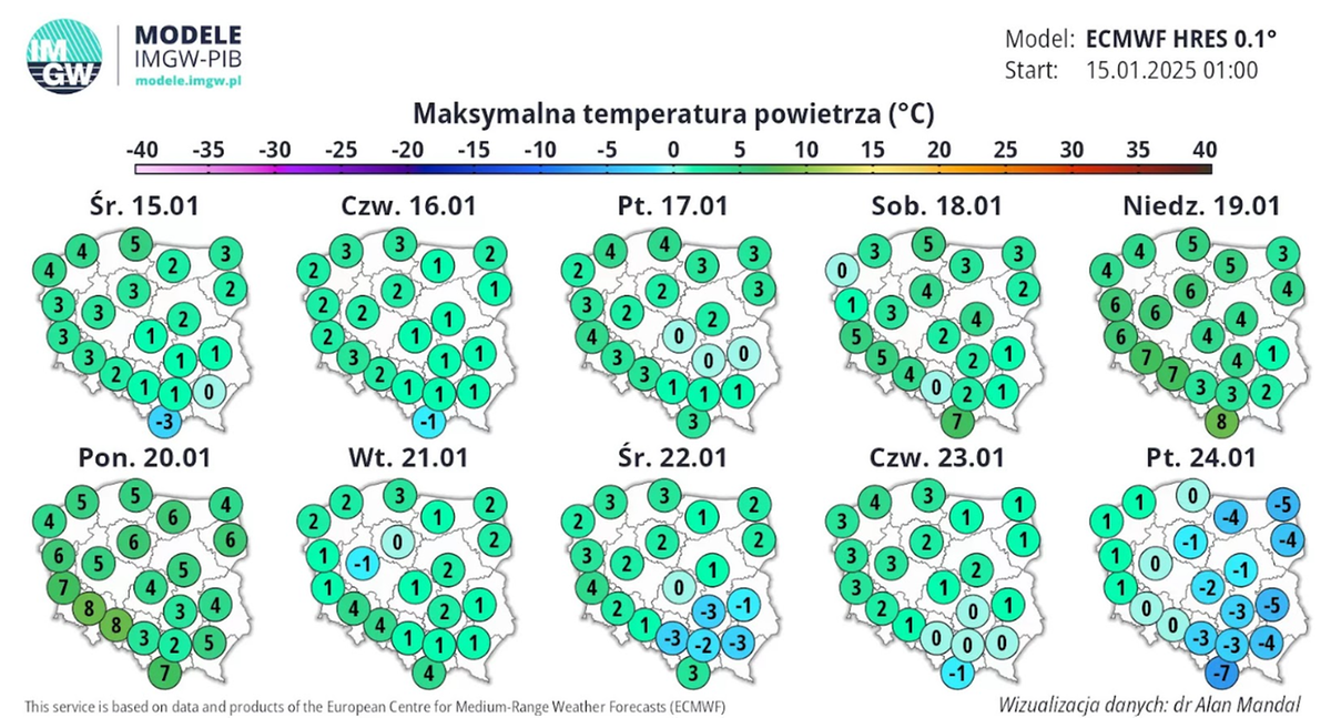 Temperatura maksymalna w drugiej połowie stycznia. Źródło: IMGW