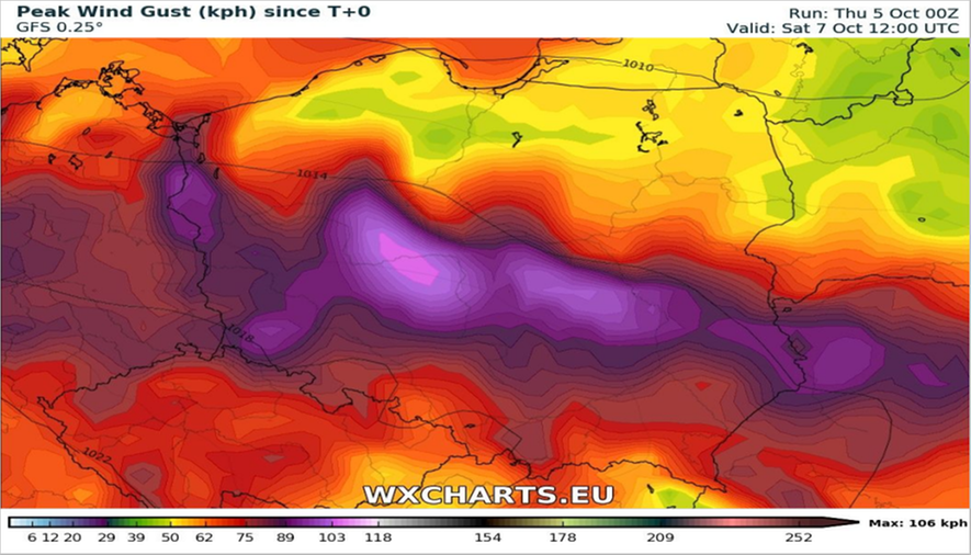 Spodziewane maksymalne porywy wiatru. Fot. wxcharts.eu