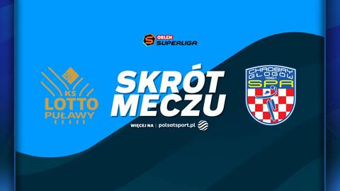 Logo ORLEN Superliga, logo KS LOTTO Puławy oraz herb KGHM Chrobry Głog&oacute;w na tle napisu SKR&Oacute;T MECZU.