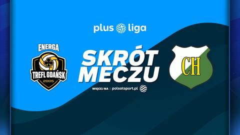 Grafika z logotypami drużyn siatkarskich Energa Trefl Gdańsk i InPost ChKS Chełm oraz napisem "SKR&Oacute;T MECZU" i logiem Plus Ligi.