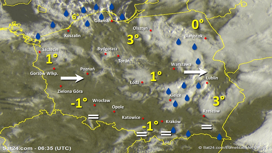 Zdjęcie satelitarne Polski w dniu 7 października 2019 o godzinie 8:35. Dane: Sat24.com / Eumetsat.