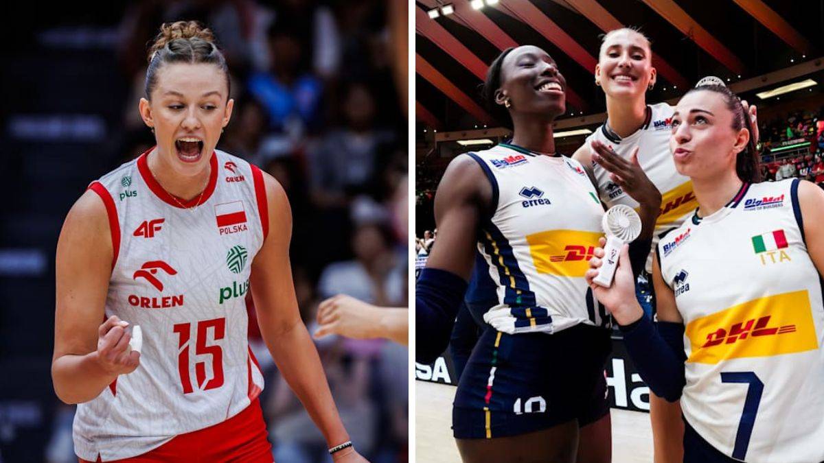 Dwie siatkarki w biało-czerwonych strojach podczas meczu, po prawej stronie dwie siatkarki w białych strojach z żółtymi pasami.