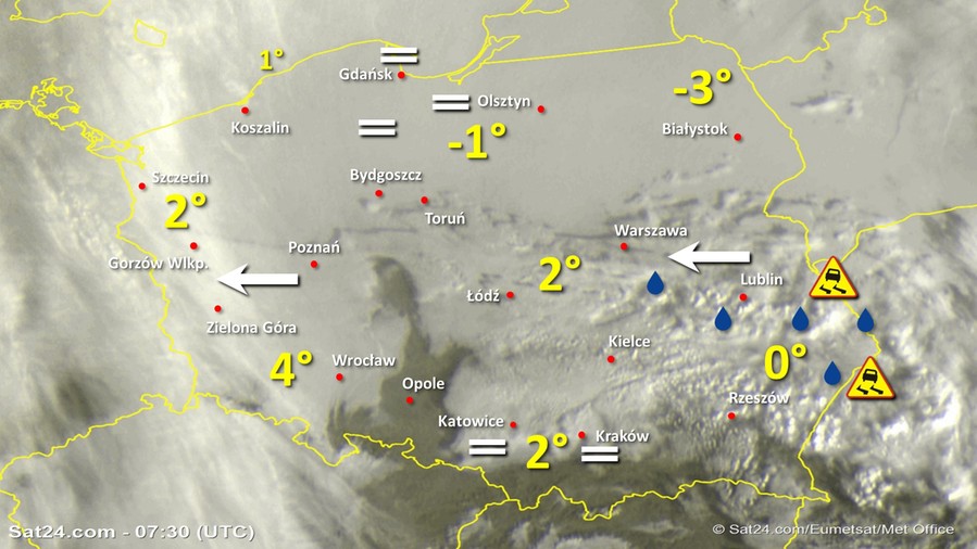 Zdjęcie satelitarne Polski w dniu 25 listopada 2019 o godzinie 8:30. Dane: Sat24.com / Eumetsat.