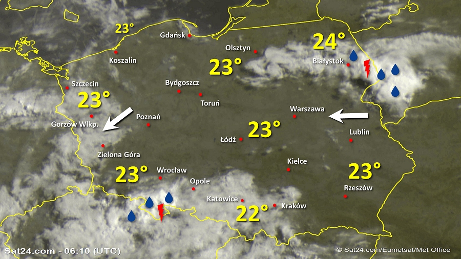 Zdjęcie satelitarne Polski w dniu 29 lipca 2019 o godzinie 8:10. Dane: Sat24.com / Eumetsat.