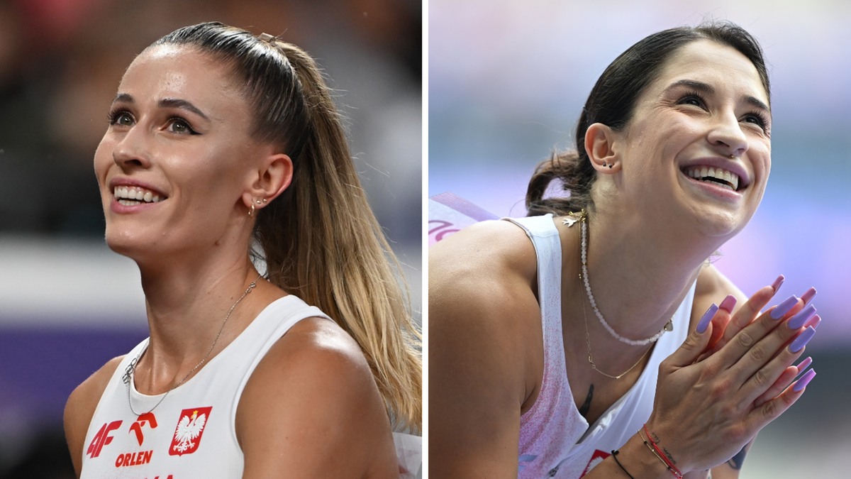 Dwie polskie lekkoatletki, Ewa Swoboda i Natalia Bukowiecka, uśmiechają się do obiektywu, obie ubrane w stroje sportowe z polskimi akcentami.